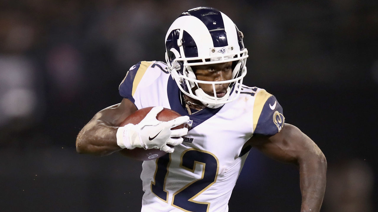 OAKLAND, CA - SEPTEMBER 10: Brandin Cooks #12 of the Los Angeles Rams runs with the ball against the Oakland Raiders at Oakland-Alameda County Coliseum on September 10, 2018 in Oakland, California.