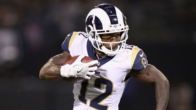 OAKLAND, CA - SEPTEMBER 10: Brandin Cooks #12 of the Los Angeles Rams runs with the ball against the Oakland Raiders at Oakland-Alameda County Coliseum on September 10, 2018 in Oakland, California.