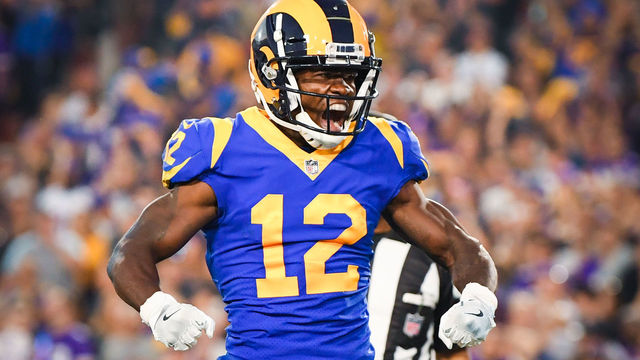 LOS ANGELES, CA - SEPTEMBER 27: Wide receiver Brandin Cooks #12 of the Los Angeles Rams celebrates his touchdown to take a 28-17 lead over the Minnesota Vikings in the second quarter at Los Angeles Memorial Coliseum on September 27, 2018 in Los Angeles, California.