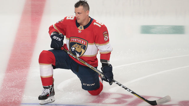 SUNRISE, FL - JANUARY 19: Micheal Haley #18 of the Florida Panthers stretches prior to the game against the Vegas Golden Knights at the BB&T Center on January 19, 2018 in Sunrise, Florida. The Panthers defeated the Vegas Golden Knights 4-3 in overtime.