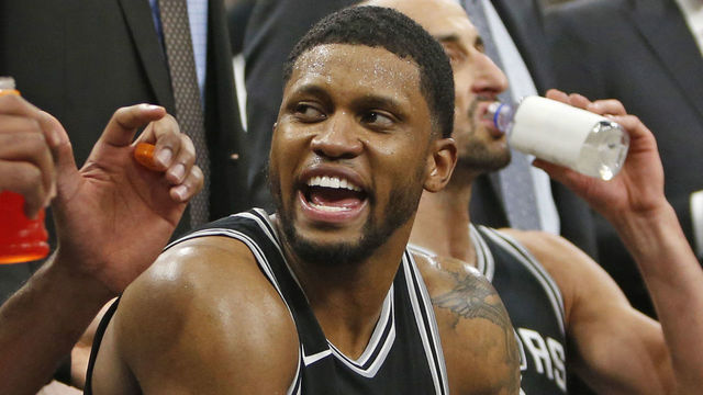 SAN ANTONIO,TX - APRIL 22 : Rudy Gay #22 of the San Antonio Spurs shares a moment with LaMarcus Aldridge #12 of the San Antonio Spurs (L) during timeout in the game against the Golden State Warriors in the second half of Game Four of Round One of the 2018 NBA Playoffs at AT&T Center on April 22 , 2018 in San Antonio, Texas. NOTE TO USER: User expressly acknowledges and agrees that , by downloading and or using this photograph, User is consenting to the terms and conditions of the Getty Images License Agreement.
