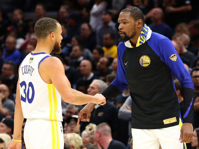 CLEVELAND, OH - JUNE 06: Kevin Durant #35 of the Golden State Warriors reacts with Stephen Curry #30 against the Cleveland Cavaliers in the second half during Game Three of the 2018 NBA Finals at Quicken Loans Arena on June 6, 2018 in Cleveland, Ohio.