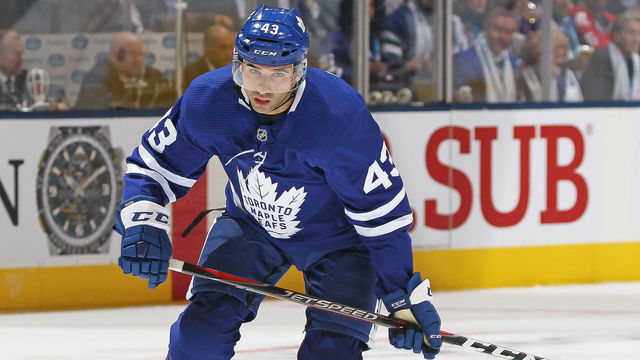 TORONTO, ON - OCTOBER 3: Nazem Kadri #43 of the Toronto Maple Leafs skates against the Montreal Canadiens during an NHL game at Scotiabank Arena on October 3, 2018 in Toronto, Ontario, Canada. The Maple Leafs defeated the Canadiens 3-2 in overtime.