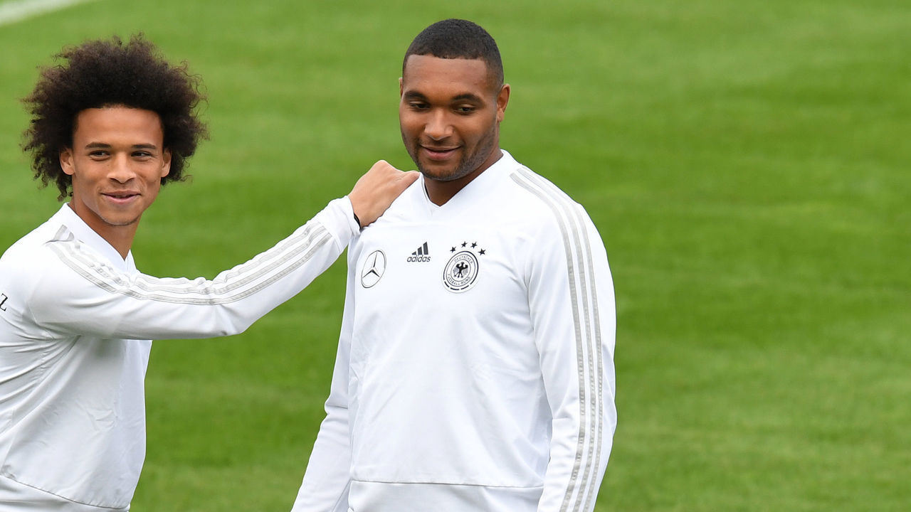 Germany's midfielder Leroy Sane (L) and Germany's defender Jonathan Tah takes part in a training session of the German national football team in Munich, southern Germany, on September 3, 2018 ahead of their UEFA Nations League against France. - Germany will play against France in the UEFA Nations League in Munich, southern Germany, on September 6, 2018.
