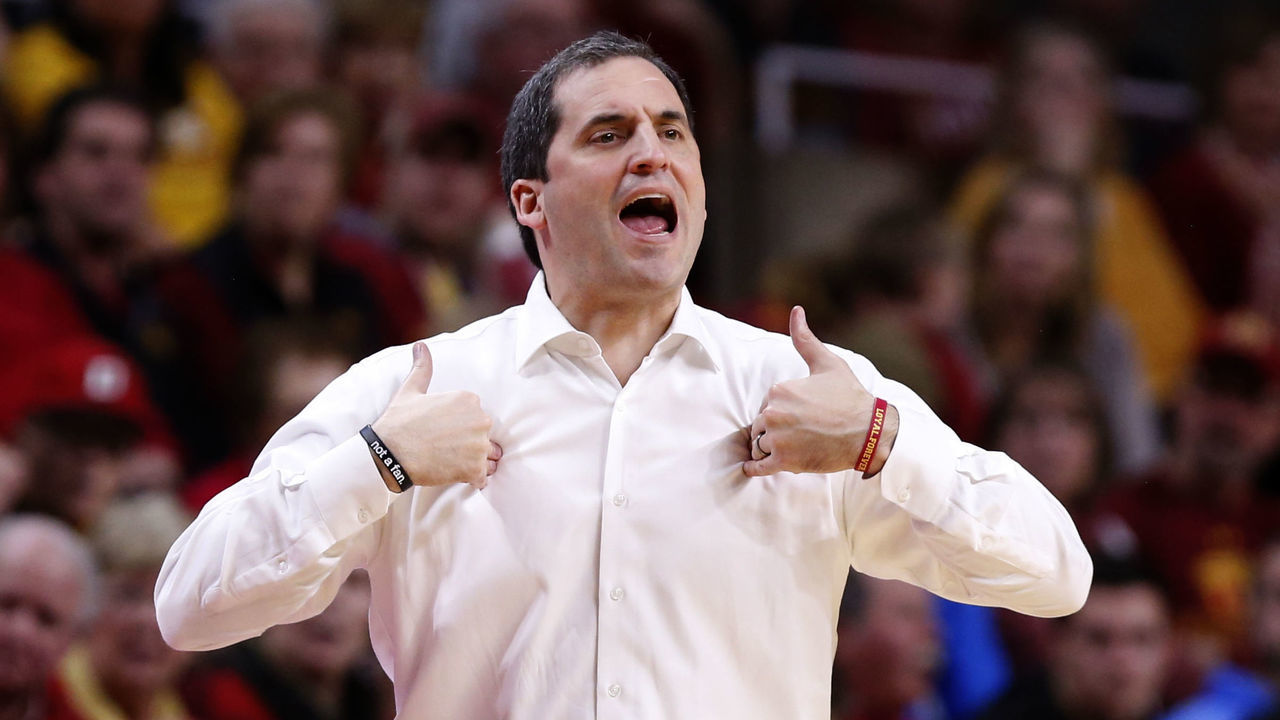 AMES, IA - FEBRUARY 10: Head coach Steve Prohm of the Iowa State Cyclones signals time out in the second half of play against the Oklahoma Sooners at Hilton Coliseum on February 10, 2018 in Ames, Iowa. The Iowa State Cyclones won 88-80 over the Oklahoma Sooners.
