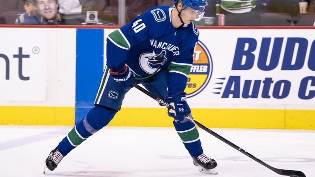 VANCOUVER, BC - OCTOBER 3: Elias Pettersson #40 of the Vancouver Canucks skates during the pre-game warmup prior to his first NHL game against the Calgary Flames on October, 3, 2018 at Rogers Arena in Vancouver, British Columbia, Canada.