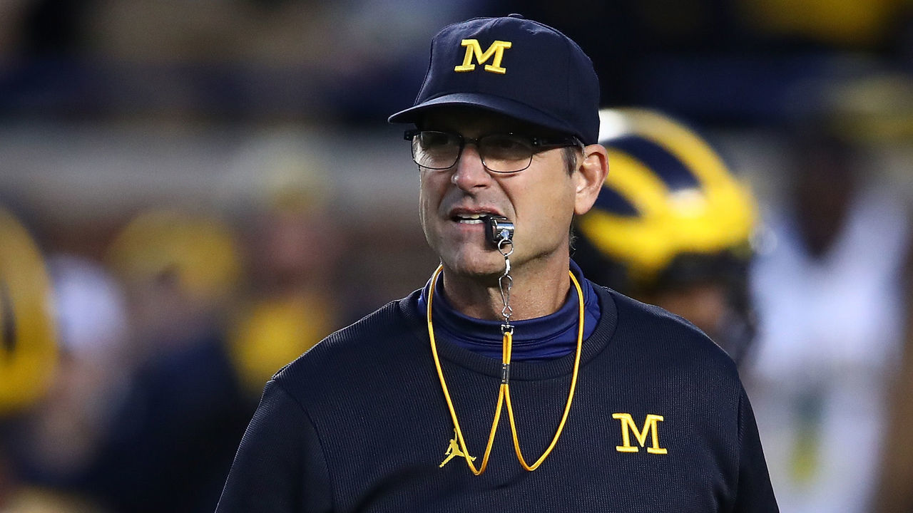 ANN ARBOR, MI - OCTOBER 13: Head coach Jim Harbaugh of the Michigan Wolverines looks on during warmups prior to playing the Wisconsin Badgers on October 13, 2018 at Michigan Stadium in Ann Arbor, Michigan.