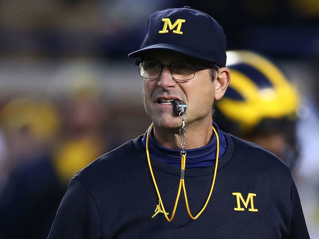 ANN ARBOR, MI - OCTOBER 13: Head coach Jim Harbaugh of the Michigan Wolverines looks on during warmups prior to playing the Wisconsin Badgers on October 13, 2018 at Michigan Stadium in Ann Arbor, Michigan.