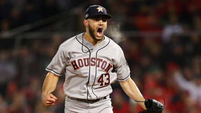 BOSTON, MA - OCTOBER 13: Lance McCullers Jr. #43 of the Houston Astros celebrates after retiring the side in the eighth inning against the Boston Red Sox during Game One of the American League Championship Series at Fenway Park on October 13, 2018 in Boston, Massachusetts.
