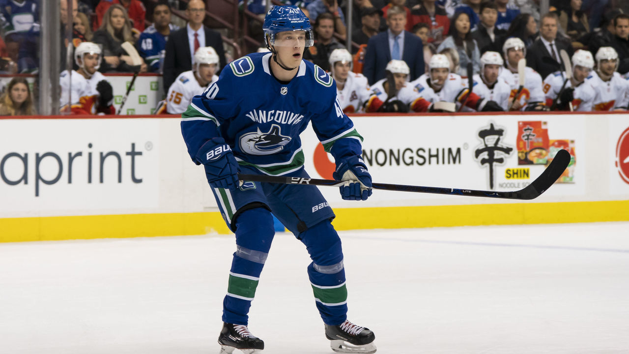 VANCOUVER, BC - OCTOBER 3: Elias Pettersson #40 of the Vancouver Canucks skates in NHL action against the Calgary Flames during his first game in the NHL on October, 3, 2018 at Rogers Arena in Vancouver, British Columbia, Canada.