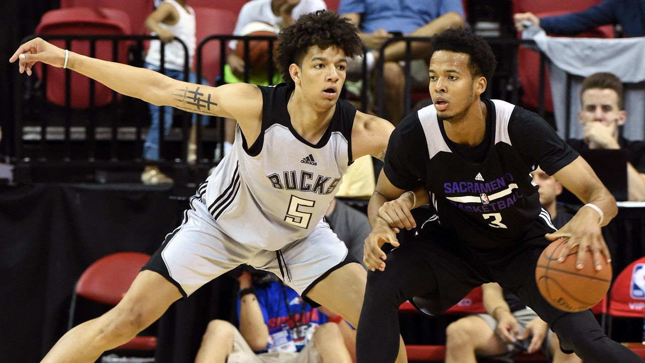 LAS VEGAS, NV - JULY 12: D.J. Wilson #5 of the Milwaukee Bucks guards Skal Labissiere #3 of the Sacramento Kings during the 2017 Summer League at the Thomas & Mack Center on July 12, 2017 in Las Vegas, Nevada. Sacramento won 69-65.
