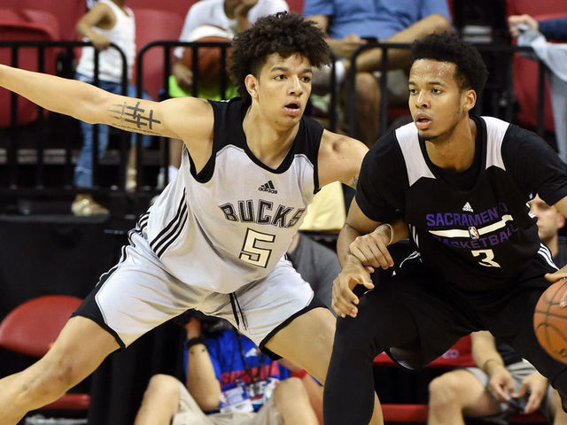 LAS VEGAS, NV - JULY 12: D.J. Wilson #5 of the Milwaukee Bucks guards Skal Labissiere #3 of the Sacramento Kings during the 2017 Summer League at the Thomas & Mack Center on July 12, 2017 in Las Vegas, Nevada. Sacramento won 69-65.
