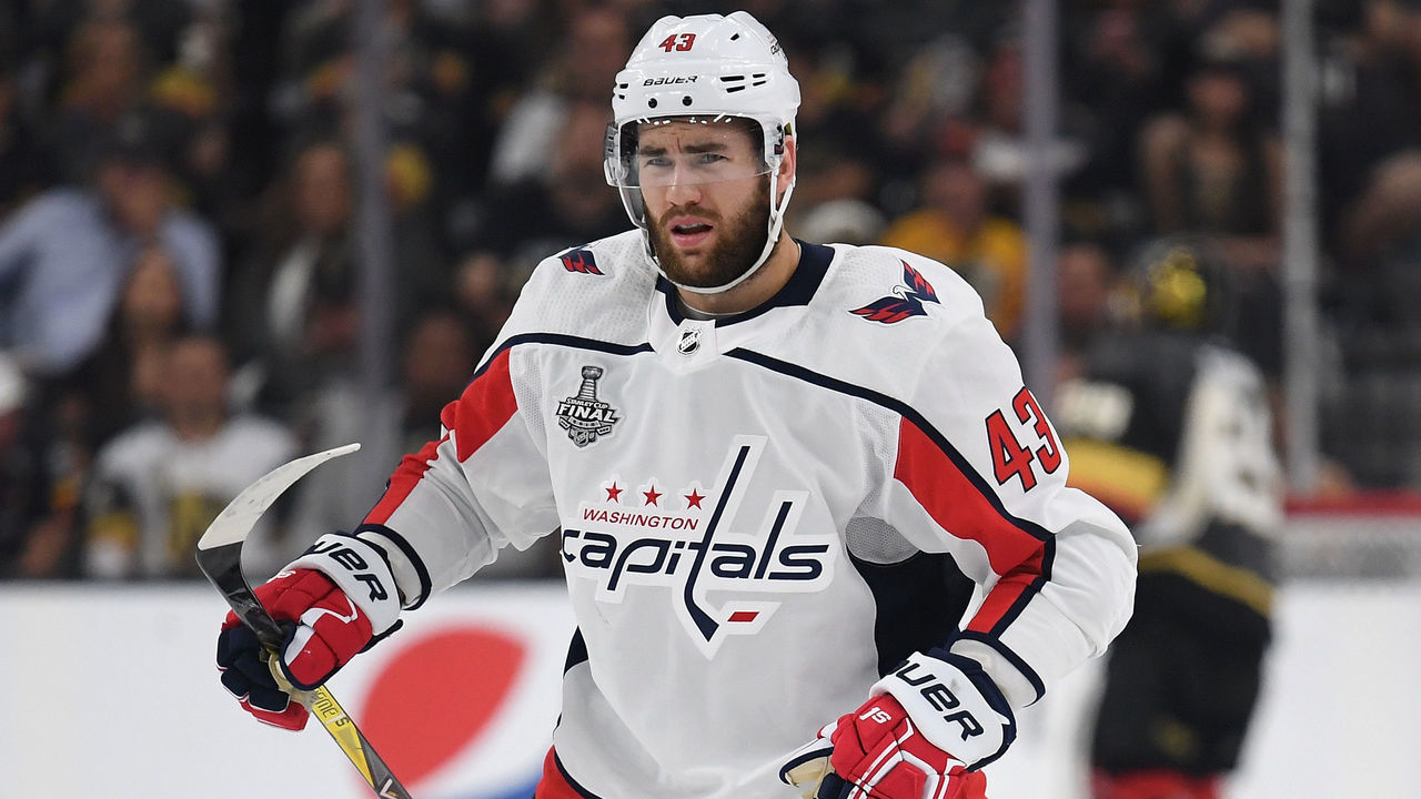 LAS VEGAS, NV - MAY 30: Tom Wilson #43 of the Washington Capitals reacts against the Vegas Golden Knights in Game Two of the 2018 NHL Stanley Cup Final at T-Mobile Arena on May 30, 2018 in Las Vegas, Nevada.