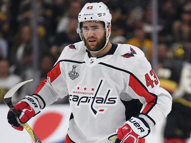 LAS VEGAS, NV - MAY 30: Tom Wilson #43 of the Washington Capitals reacts against the Vegas Golden Knights in Game Two of the 2018 NHL Stanley Cup Final at T-Mobile Arena on May 30, 2018 in Las Vegas, Nevada.