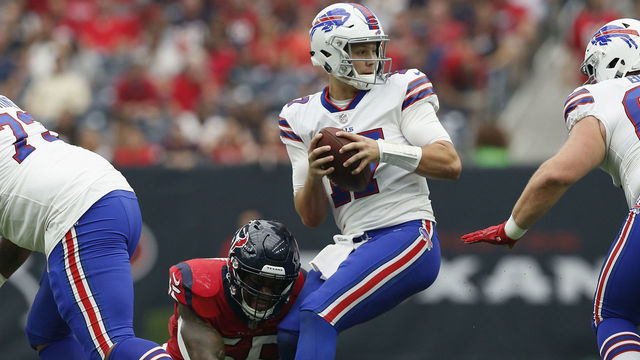 HOUSTON, TX - OCTOBER 14: Josh Allen #17 of the Buffalo Bills is sacked by Benardrick McKinney #55 of the Houston Texans in the first half at NRG Stadium on October 14, 2018 in Houston, Texas.