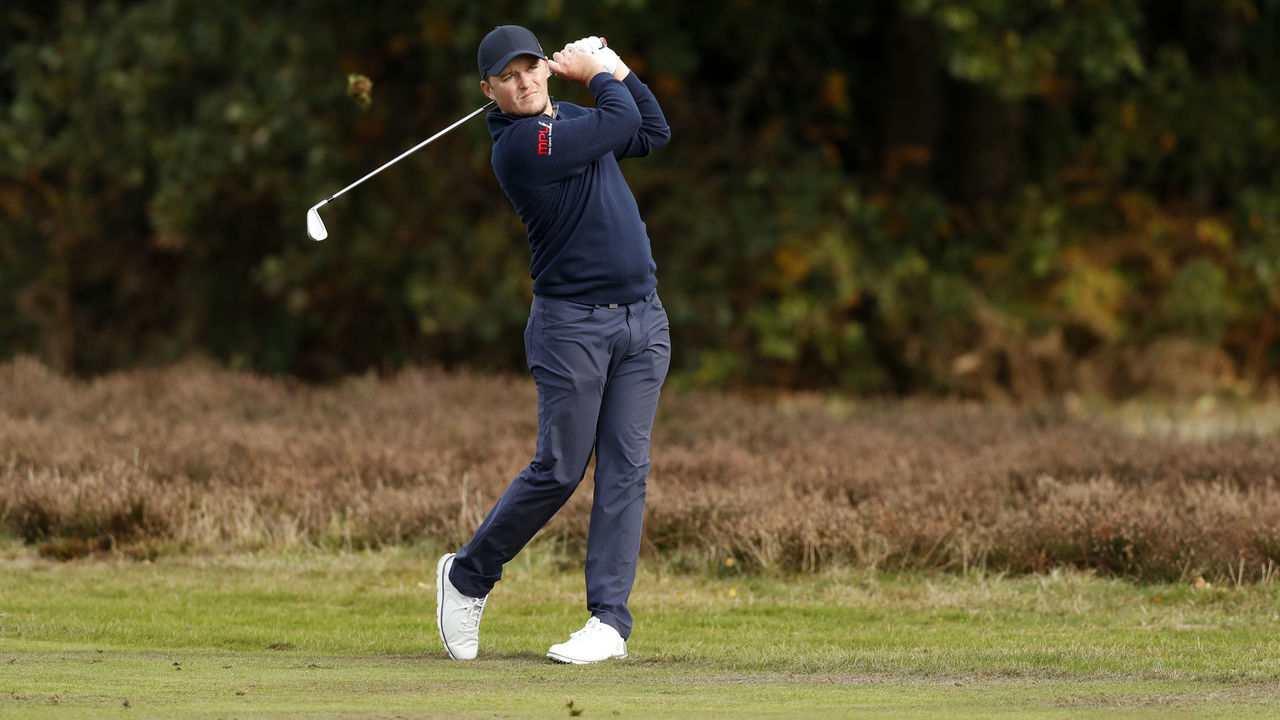 TADWORTH, ENGLAND - OCTOBER 12: Eddie Pepperell of England plays his third shot on the 2nd hole during Day Two of Sky Sports British Masters at Walton Heath Golf Club on October 12, 2018 in Tadworth, England.