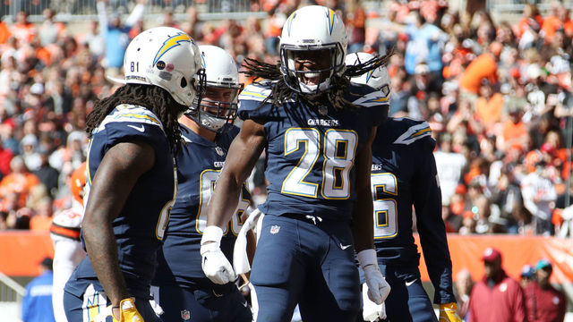 CLEVELAND, OH - OCTOBER 14: Melvin Gordon #28 of the Los Angeles Chargers celebrates scoring a touchdown in the first quarter against the Cleveland Browns at FirstEnergy Stadium on October 14, 2018 in Cleveland, Ohio.