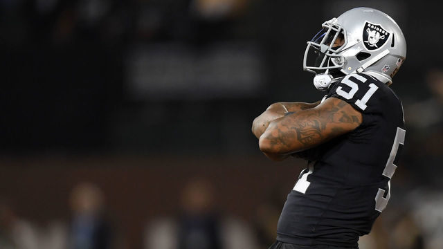 OAKLAND, CA - SEPTEMBER 10: Bruce Irvin #51 of the Oakland Raiders reacts to a play against the Los Angeles Rams during their NFL game at Oakland-Alameda County Coliseum on September 10, 2018 in Oakland, California.