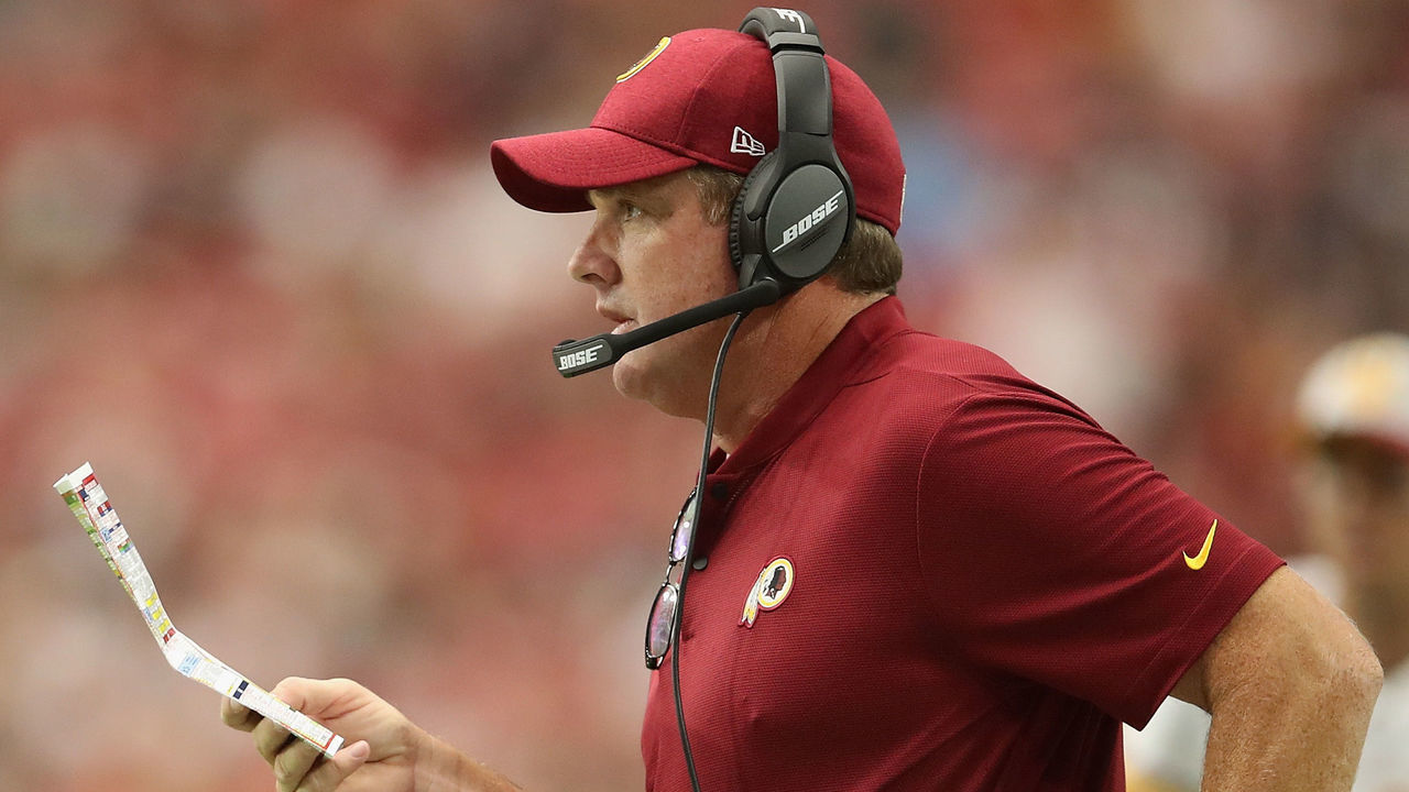 GLENDALE, AZ - SEPTEMBER 09: Head coach Jay Gruden of the Washington Redskins watches from the sidelines during the NFL game against the Arizona Cardinals at State Farm Stadium on September 9, 2018 in Glendale, Arizona. The Redskins defeated the Cardinals 24-6.