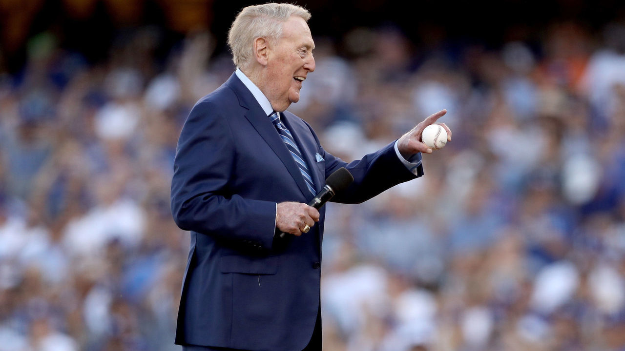 LOS ANGELES, CA - OCTOBER 25: Former Los Angeles Dodgers broadcaster Vin Scully addresses fans before game two of the 2017 World Series between the Houston Astros and the Los Angeles Dodgers at Dodger Stadium on October 25, 2017 in Los Angeles, California.