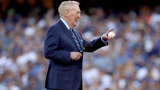 LOS ANGELES, CA - OCTOBER 25: Former Los Angeles Dodgers broadcaster Vin Scully addresses fans before game two of the 2017 World Series between the Houston Astros and the Los Angeles Dodgers at Dodger Stadium on October 25, 2017 in Los Angeles, California.