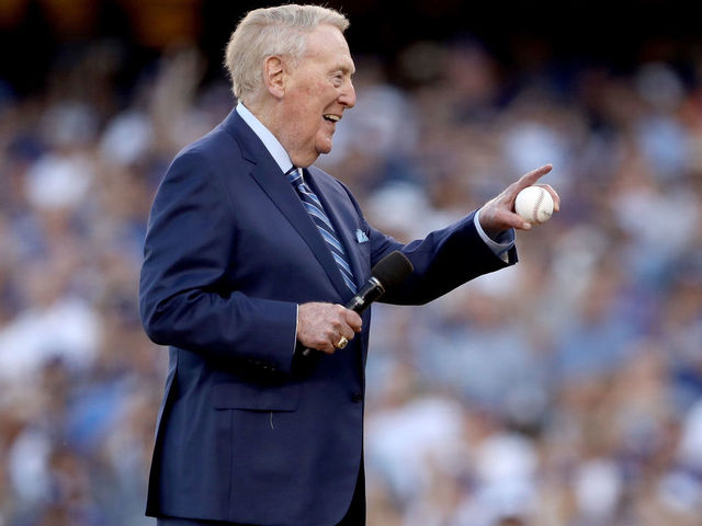 LOS ANGELES, CA - OCTOBER 25: Former Los Angeles Dodgers broadcaster Vin Scully addresses fans before game two of the 2017 World Series between the Houston Astros and the Los Angeles Dodgers at Dodger Stadium on October 25, 2017 in Los Angeles, California.