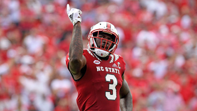 RALEIGH, NC - OCTOBER 06: Germaine Pratt #3 of the North Carolina State Wolfpack reacts after recoving a fumble by the Boston College Eagles during their game at Carter-Finley Stadium on October 6, 2018 in Raleigh, North Carolina. North Carolina State won 28-23.