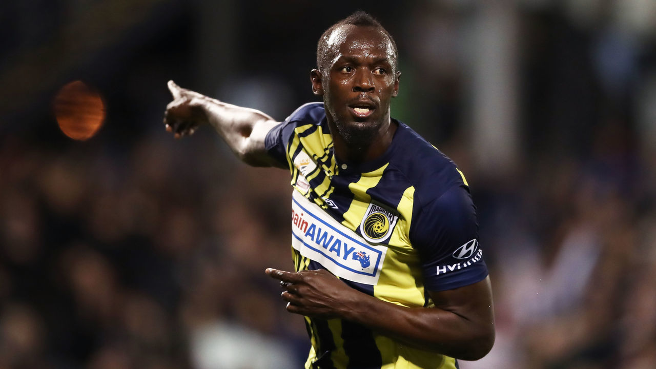 SYDNEY, AUSTRALIA - OCTOBER 12: Usain Bolt of the Mariners celebrates scoring a goal during the pre-season friendly match between the Central Coast Mariners and Macarthur South West United at Campbelltown Sports Stadium on October 12, 2018 in Sydney, Australia.