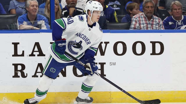 TAMPA, FL - OCTOBER 11: Vancouver Canucks center Elias Pettersson (40) during the regular season NHL game between the Vancouver Canucks and Tampa Bay Lightning on October 11, 2018 at Amalie Arena in Tampa, FL.