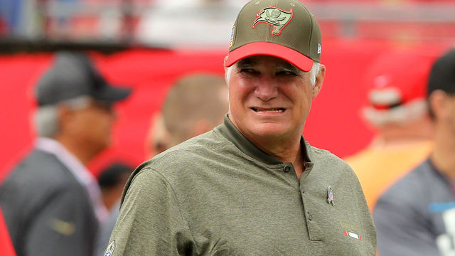 TAMPA, FL - NOV 12: Buccaneers defensive coordinator Mike Smith watches his defense before the regular season game between the New York Jets and the Tampa Bay Buccaneers on November 12, 2017 at Raymond James Stadium in Tampa, Florida.