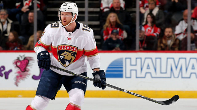 NEWARK, NJ - NOVEMBER 11: Mike Matheson #19 of the Florida Panthers skates against the New Jersey Devils on November 11, 2017 at Prudential Center in Newark, New Jersey.