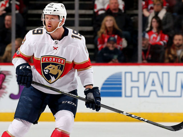NEWARK, NJ - NOVEMBER 11: Mike Matheson #19 of the Florida Panthers skates against the New Jersey Devils on November 11, 2017 at Prudential Center in Newark, New Jersey.