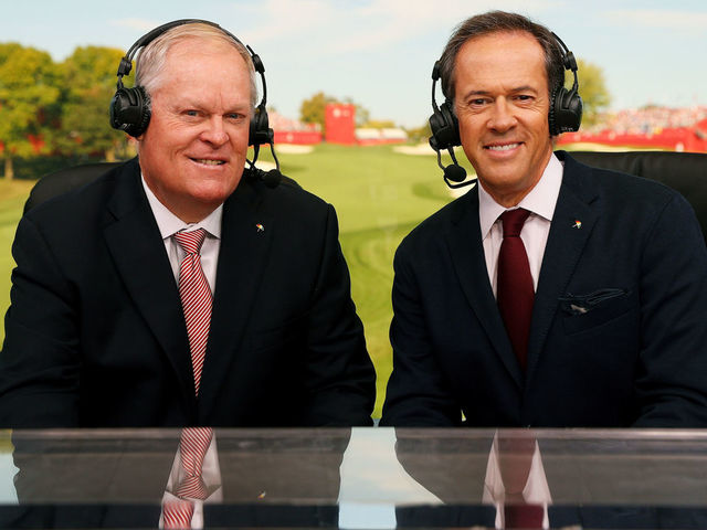 CHASKA, MN - OCTOBER 02: Johnny Miller and Dan Hicks of the Golf Channel speak during singles matches of the 2016 Ryder Cup at Hazeltine National Golf Club on October 2, 2016 in Chaska, Minnesota.