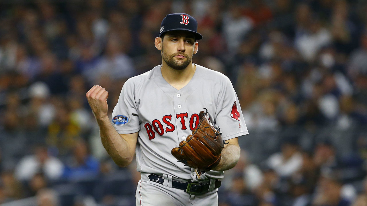 NEW YORK, NEW YORK - OCTOBER 08: Nathan Eovaldi #17 of the Boston Red Sox reacts against the New York Yankees in Game Three of the American League Division Series at Yankee Stadium on October 08, 2018 in the Bronx borough of New York City.