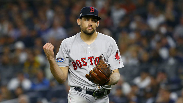 NEW YORK, NEW YORK - OCTOBER 08: Nathan Eovaldi #17 of the Boston Red Sox reacts against the New York Yankees in Game Three of the American League Division Series at Yankee Stadium on October 08, 2018 in the Bronx borough of New York City.