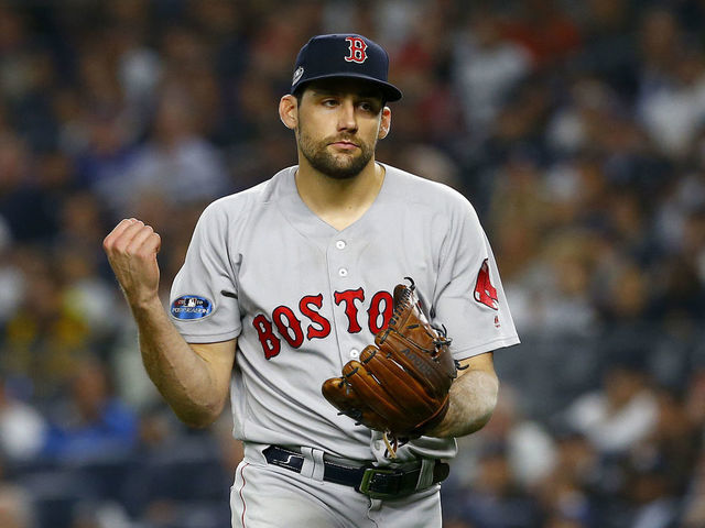 NEW YORK, NEW YORK - OCTOBER 08: Nathan Eovaldi #17 of the Boston Red Sox reacts against the New York Yankees in Game Three of the American League Division Series at Yankee Stadium on October 08, 2018 in the Bronx borough of New York City.