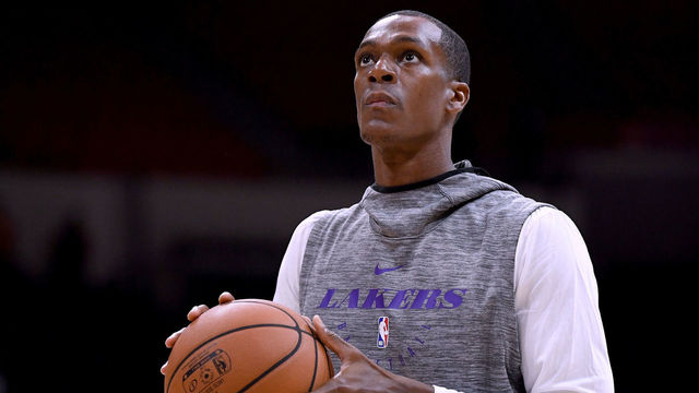 SAN DIEGO, CA - SEPTEMBER 30: Rajon Rondo #9 of the Los Angeles Lakers warms up before a preseason game against the Denver Nuggets at Valley View Casino Center on September 30, 2018 in San Diego, California.