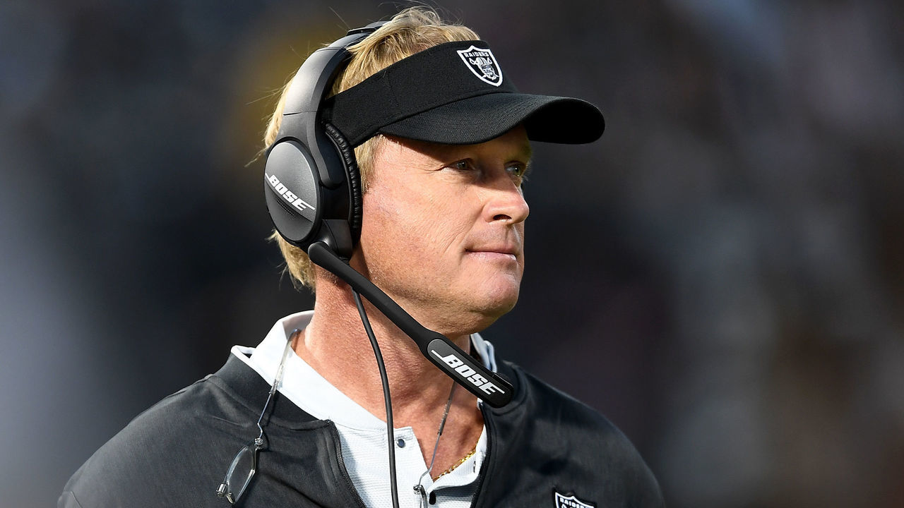 OAKLAND, CA - AUGUST 10: Head coach Jon Gruden of the Oakland Raiders looks on from the sidelines against the Detroit Lions in the second quarter of an NFL preseason football game at Oakland Alameda Coliseum on August 10, 2018 in Oakland, California.