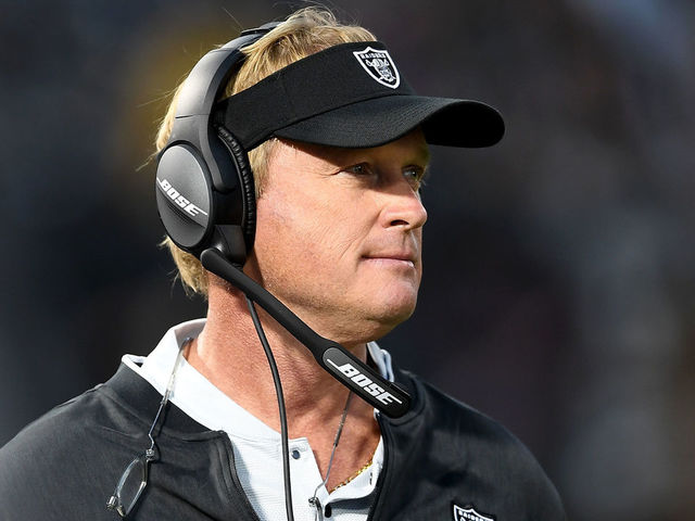 OAKLAND, CA - AUGUST 10: Head coach Jon Gruden of the Oakland Raiders looks on from the sidelines against the Detroit Lions in the second quarter of an NFL preseason football game at Oakland Alameda Coliseum on August 10, 2018 in Oakland, California.