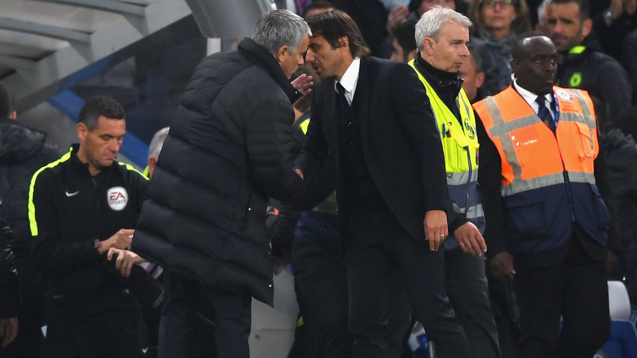 LONDON, ENGLAND - OCTOBER 23: Chelsea manager Antonio Conte and Manchester United manager Jose Mourinho exchange words at the end of the Premier League match between Chelsea and Manchester United at Stamford Bridge on October 23, 2016 in London, England.