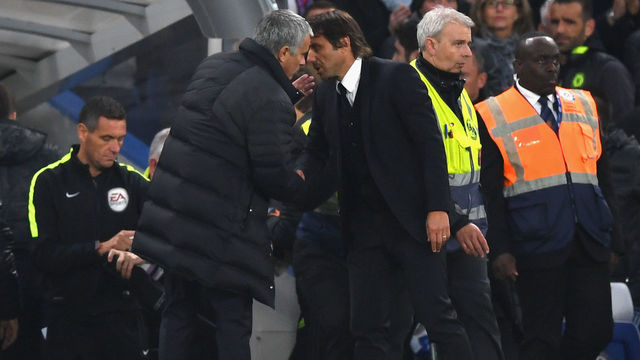 LONDON, ENGLAND - OCTOBER 23: Chelsea manager Antonio Conte and Manchester United manager Jose Mourinho exchange words at the end of the Premier League match between Chelsea and Manchester United at Stamford Bridge on October 23, 2016 in London, England.
