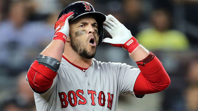 NEW YORK, NEW YORK - OCTOBER 09: Steve Pearce #25 of the Boston Red Sox reacts after striking out in the seventh inning against the New York Yankees during Game Four American League Division Series at Yankee Stadium on October 09, 2018 in the Bronx borough of New York City.