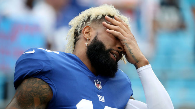 CHARLOTTE, NC - OCTOBER 07: Odell Beckham Jr #13 of the New York Giants reacts against the Carolina Panthers in the first half during their game at Bank of America Stadium on October 7, 2018 in Charlotte, North Carolina.