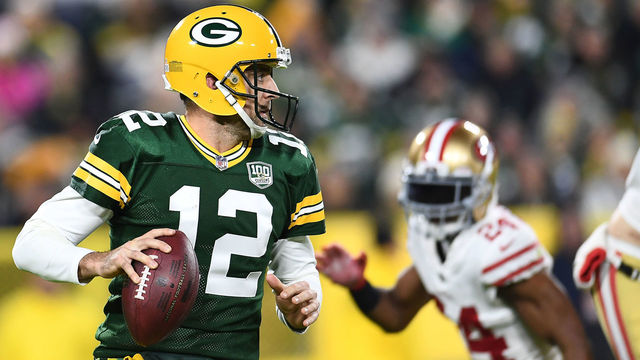 GREEN BAY, WI - OCTOBER 15: Aaron Rodgers #12 of the Green Bay Packers drops back to pass during the second half against the San Francisco 49ers at Lambeau Field on October 15, 2018 in Green Bay, Wisconsin.