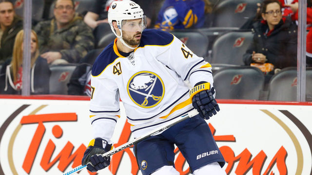 NEWARK, NJ - FEBRUARY 17: Zach Bogosian #47 of the Buffalo Sabres in action against the New Jersey Devils at the Prudential Center on February 17, 2015 in Newark, New Jersey. The Devils defeated the Sabres 2-1 after a shootout.
