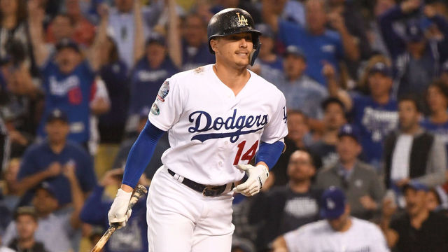 LOS ANGELES, CA - OCTOBER 15: Enrique Hernandez #14 of the Los Angeles Dodgers reacts after a batted ball was called foul in the fifth inning against the Milwaukee Brewers in Game Three of the National League Championship Series at Dodger Stadium on October 15, 2018 in Los Angeles, California.
