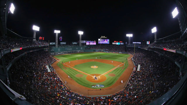 BOSTON, MA - OCTOBER 14: A general view as David Price #24 of the Boston Red Sox pitches to George Springer #4 of the Houston Astros in the first inning during Game Two of the American League Championship Series at Fenway Park on October 14, 2018 in Boston, Massachusetts.