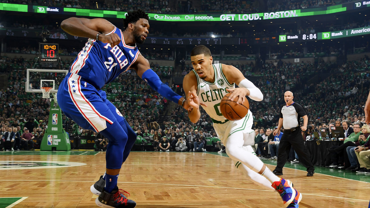 BOSTON, MA - OCTOBER 16: Jayson Tatum #0 of the Boston Celtics handles the ball against the Philadelphia 76ers on October 16, 2018 at the TD Garden in Boston, Massachusetts. Mandatory Copyright Notice: Copyright 2018 NBAE