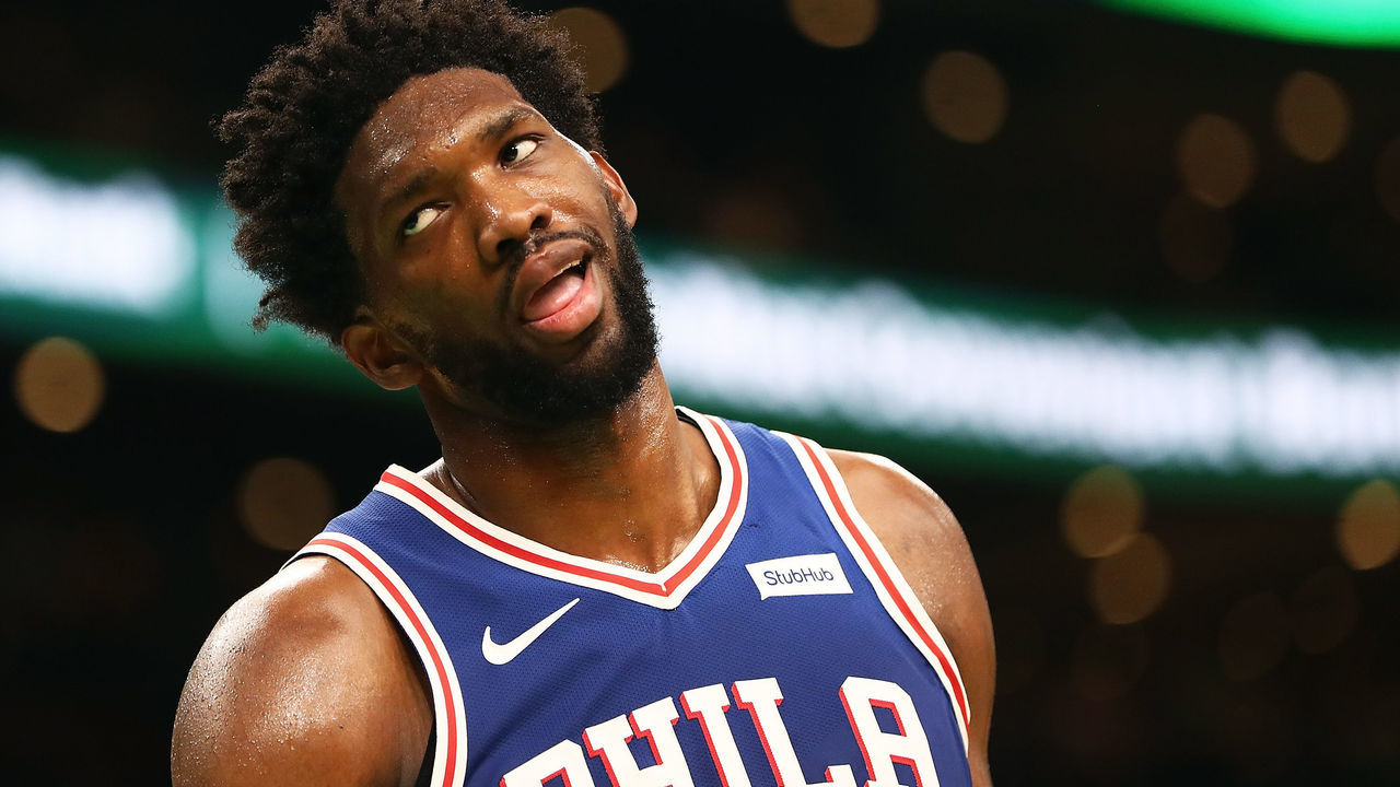 BOSTON, MA - OCTOBER 14: Joel Embiid #21 of the Philadelphia 76ers reacts in the fourth quarter of a game against the Boston Celtics at TD Garden on October 16, 2018 in Boston, Massachusetts.