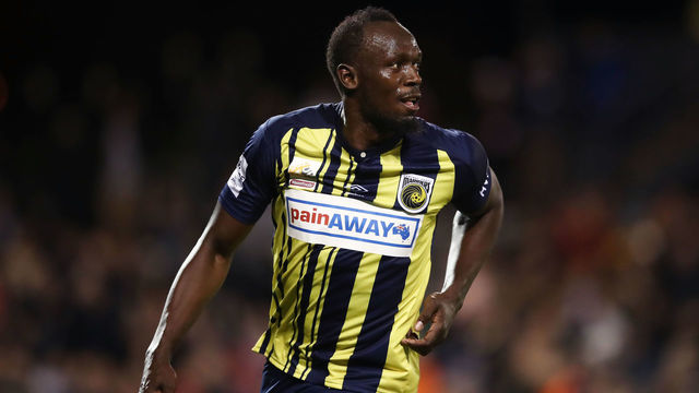 SYDNEY, AUSTRALIA - OCTOBER 12: Usain Bolt of the Mariners celebrates scoring his first goal during the pre-season friendly match between the Central Coast Mariners and Macarthur South West United at Campbelltown Sports Stadium on October 12, 2018 in Sydney, Australia.